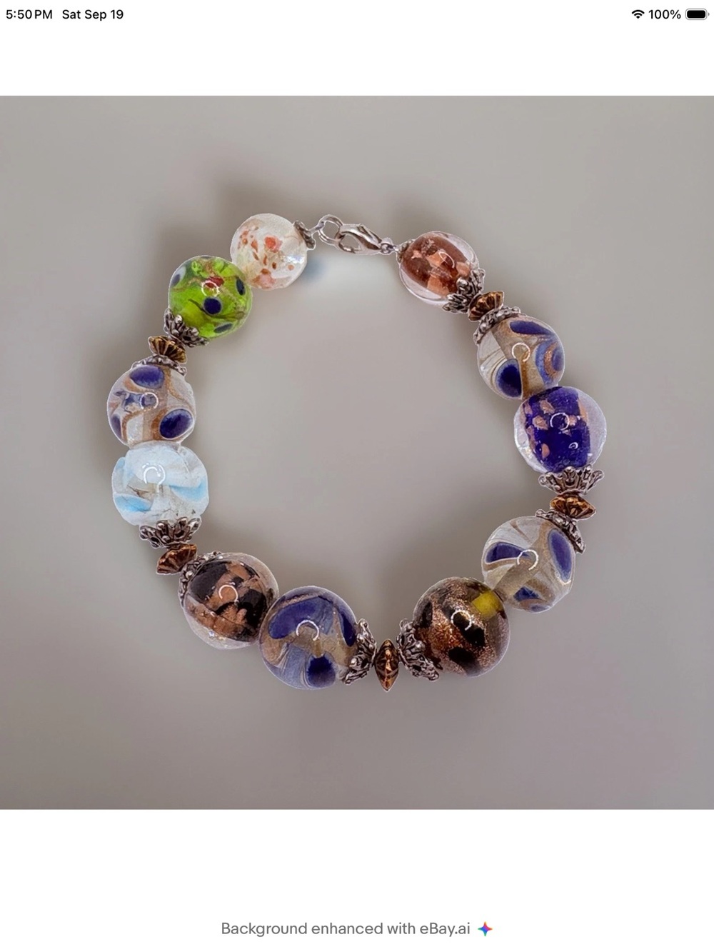 Vintage Round Foiled Art Glass Bead Bracelet Multicolor Silver Tone 7”